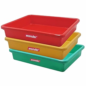 simply home multipurpose rectangular small plastic trays stationary office organiser tray  strong plastic material  colorful stackable storage trays for home amp office pack of 3  red yellow blue