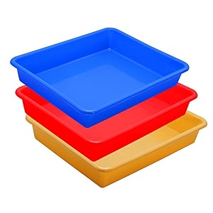 simply home multipurpose rectangular small plastic trays stationary office organiser tray  strong plastic material  colorful stackable storage trays for home amp office pack of 3 red yellow blue
