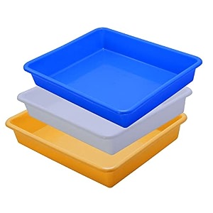 simply home multipurpose rectangular small plastic trays stationary office organiser tray  strong plastic material  colorful stackable storage trays for home amp office pack of 3  red yellow blue