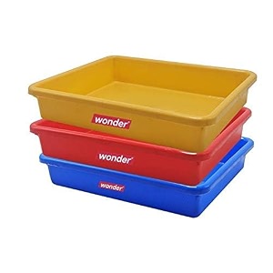simply home multipurpose rectangular small plastic trays stationary office organiser tray  strong plastic material  colorful stackable storage trays for home amp office pack of 3 red yellow blue