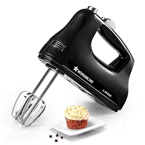 wonderchef essenza hand mixer  3 variable speed settings  300w  for beating whisking whipping kneading  stainless-steel beater and kneader attachments  low noise  black  2-year warranty
