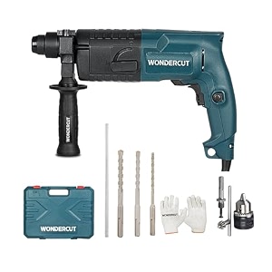 wondercut 850w wc-2-20rtb rotary hammer drill 20mm 1000rpm copper armature with bmc box 3 pcs drill bits 1 metal depth gauge 13mm drill chuck sds adeptor gloves  blue amp black