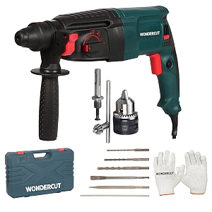 wondercut wc-gp-2-26b corded electric rotary hammer with 26mm sds plus1600w copper armature5 functions with vibration control with bmc box3 drill bits2 chisel1 metal depth gauge  blue amp black