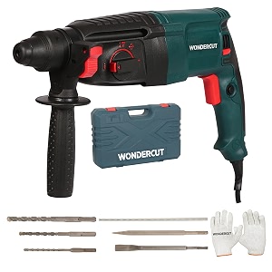 wondercut wc-gp-26-b corded electric rotary hammer with 26mm sds plus1600w copper armature5 functions with vibration control with bmc box3 drill bits2 chisel1 metal depth gauge  blue amp black