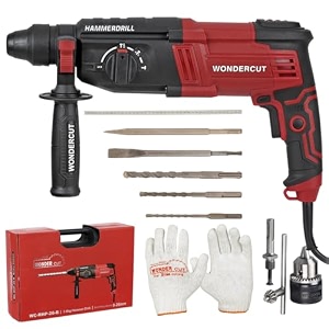 wondercut wc-gp-2-26b corded electric rotary hammer with 26mm sds plus1600w copper armature5 functions with vibration control with bmc box3 drill bits2 chisel1 metal depth gauge  blue amp black