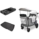 WonderFold L4 Bundle - 4-Seater Stroller Wagon with All-Weather Floor Mat and Flex Snack Tray, Safety-Certified with 5-Point Harnesses - Gray