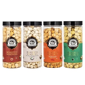 wonderland foods 400g 100g x 4 roasted amp flavoured makhana foxnut peri peri sea salt vinegar mint chatpata amp thai sweet chilli foxnut jar combo pack