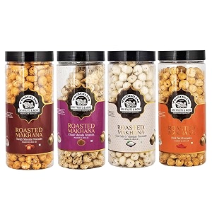 wonderland foods 400g 100g x 4 roasted amp flavoured makhana foxnut tangy masala sriracha sea salt vinegar amp peri peri foxnut jar combo pack