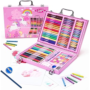 128 pieces art set portable drawing painting art supplies gifts for kids girls boys teens adults 6-8-9-12 coloring art kit gift case crayons oil pastelscolored pencils watercolors case pink