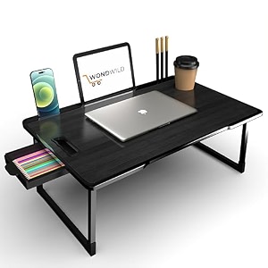 wondwild foldable wooden mini laptop table for bed study table with drawer tabletmobile holder for kids amp adults-gtgt b_cotted-black