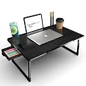 WONDWILD Foldable Wooden Mini Laptop Table for Bed, Study Table with Drawer, Tablet/Mobile Holder for Kids &amp; Adults->> (B_COTTED-Black)