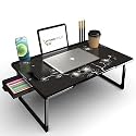 WONDWILD Foldable Wooden Mini Laptop Table for Bed, Study Table with Drawer, Tablet/Mobile Holder for Kids &amp; Adults->> (B_COTTED-Black-Flower)