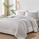 WONGS BEDDING Beige Quilt King Size, Boho Striped Plaid Bedspread