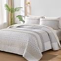 WONGS BEDDING Beige Quilt Set California King, Boho Stripe Bedding Set