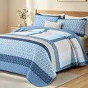 WONGS BEDDING Navy Blue Quilt King Size, Boho Striped Plaid Bedspread