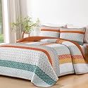 WONGS BEDDING Orange Queen Size Quilt Set, Boho Striped Patchwork Bedspread