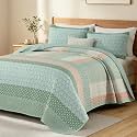 WONGS BEDDING Quilt Set Queen Size, Boho Stripe Bedspread, Vintage Green