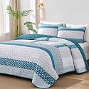 WONGS BEDDING Teal Blue Queen Size Quilt Set, Boho Striped Bedspread