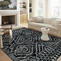Wonnitar Moroccan 6x9 Area Rugs, Washable Black Rugs for Living Room, Large Soft Bedroom Throw Rug, Non-Slip Stain Resistant Thin Boho Floor Carpet for Dining Room Home Office Decor (Black,6'x9')