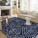 Wonnitar Moroccan Washable 6x9 Rug, Blue Large Living Room Area Rug, Non-Slip Boho Soft Rug for Bedroom, Non-Shedding Ultra-Thin Geometric Carpet for Dining Room Kitchen Basement (Blue,6'x9')