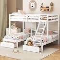 VilroCaz Wood Bed Bunk Bed with 2 Storage Drawers for 3, Full Over Twin &amp; Twin Bunk Bed Frame with Built-in Middle Drawer, Guardrail and Ladder for Kids Teens Adults, Maximized Space Design