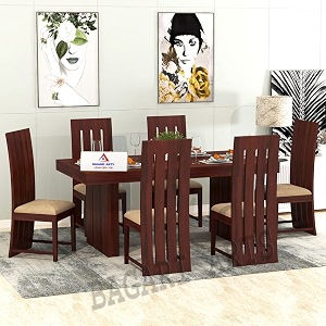 wood dining table 6 seater with cushion chair set  6 seater dining table set  dining table set  dining room set  six seater dining table  home hotel and office  mahogany