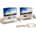 Wood Dual Monitor Stand Riser, 2-Tier Computer Monitor Riser with Phone Holder, Desktop Organizer Shelf for 2 Monitors, Laptop & Printer, No Assembly, Max Load 110lbs, One-Piece Curved Design