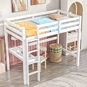 Wood Loft Bed Twin Size with Desk,Kids Loft Bed with Stairs and Rails for Toddlers Kids Teens Boys Girls,Solid Wood Salts Support,Noise-Free,Easy Assemble (White, Twin)