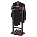 Wood Suit Valet Stand With Drawer Top Tray Freestanding Clothing Valet Stand Suit With Contour Hanger Trouser Bar Tie & Belt Hooks And Shoe Rack Clothes Rack Organizer Storage (Dark Brown B)