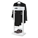Wood Suit Valet Stand With Drawer Top Tray Freestanding Clothes Valet Stand With Contour Hanger Trouser Bar Tie &amp; Belt Hooks And Base Shoe Rack Clothes Rack For Living Room Organizer Storage (White)
