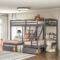 Wood Triple Bed Bunk Bed with 2 Storage Drawers, 3-in 1 Full Over Twin &amp; Twin Bunk Bed Frame with Built-in Middle Drawer, Guardrail Ladder for Kids Teens Adults, Maximized Space Design (Grey-full)