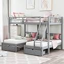 Wood Triple Bed Bunk Bed with 2 Storage Drawers, 3-in 1 Full Over Twin &amp; Twin Bunk Bed Frame with Built-in Middle Drawer, Guardrail Ladder for Kids Teens Adults, Maximized Space Design (Grey1-full)