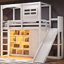 Wood Twin Size House Loft Bed with Wardrobe, Storage Shelves, Slide and LED, Fun Playhouse Design for Kids Boys & Girls