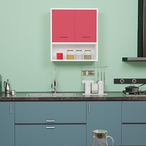wood van 2 inside door multipurpose wall mounted cabinet with adjustable amp fixed shelf  storage for kitchen bathroom home amp office  assembly-diy  color-white amp red  size-60x33x638 cm