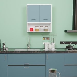 wood van 2 inside door multipurpose wall mounted cabinet with adjustable amp fixed shelf  storage for kitchen bathroom home amp office  assembly-diy  color-white amp toned blue  size-60x33x638 cm