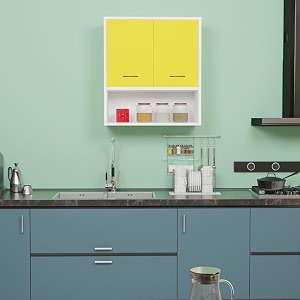 wood van 2 inside door multipurpose wall mounted cabinet with adjustable amp fixed shelf  storage for kitchen bathroom home amp office  assembly-diy  color-white amp yellow  size-60x33x638 cm