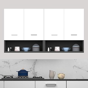 wood van 4 door multipurpose wall mounted cabinet with open shelf  storage for kitchen bathroom office amp living room  color-grey amp white