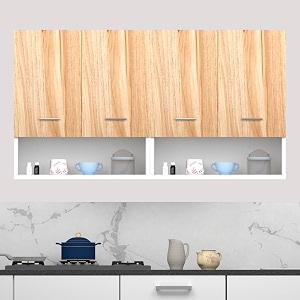 wood van 4 door multipurpose wall mounted cabinet with open shelf  storage for kitchen bathroom office amp living room  color-white amp asian light