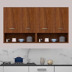 wood van 4 door multipurpose wall mounted cabinet with open shelf  storage for kitchen bathroom office amp living room  color-cherry pine