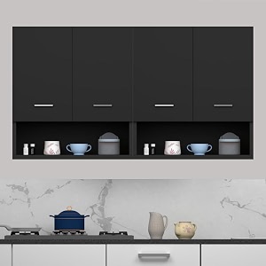 wood van 4 door multipurpose wall mounted cabinet with open shelf  storage for kitchen bathroom office amp living room  color-black