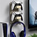 Wood Wall Mount Controller Stand with Headphone Holder, Gaming Desk Organiser, Gift for Gamers, Compatible with PlayStation and Xbox Controllers