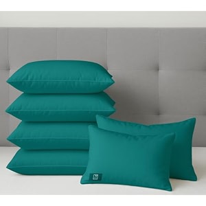 the wood white colored hypoallergenic gel microfiber pillows set of 6  height adjustable for soft to medium firm  no pillow covers needed  sleep well with pillow 16 x 24 inch - teal