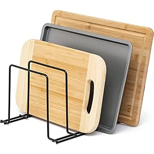 34kitchen pot lid holder freestanding corner shelf rack organizer black iron medium size 4 slots - 10x6x8 inches