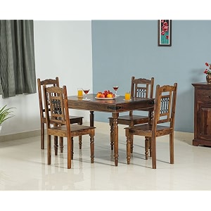 apex sheesham wooden dining table 4 seater with chairs - big space saving 4 seater dining table set with 4 dining chair - dining set in teak finish
