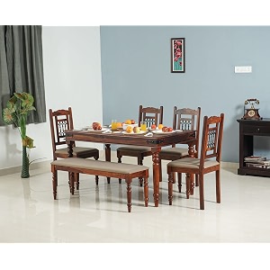 apex sheesham wooden dining table 6 seater with chairs amp 2 seater bench - space saving 6 seater dining table set - dining set in honey finish