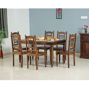 apex sheesham wooden dining table 6 seater with chairs - space saving 6 seater dining table set with 6 dining chair - dining set in teak finish
