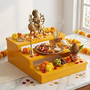 wooden 3tier temple stand for pooja room bright yellow