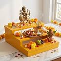 Wooden 3Tier Temple Stand for Pooja Room, Bright Yellow