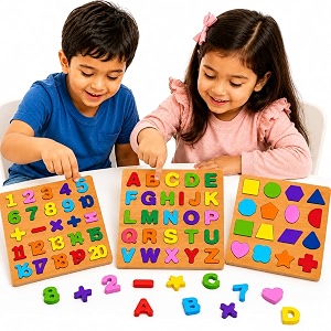 wooden abc learning puzzle set with alphabet board number counting board amp shape sorting board pack of 3 montessori educational toys for preschool learning gift for boys amp girls age 2-5 year