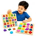 Wooden ABCD Alphabet &amp; Shape Matching Blocks Puzzle Set of 2 for Kids 2-5 Years| Montessori Educational Learning Toy| Preschool Activity Board| Skill Development Toy Gift Idea for Preschool Boy &amp; Girl